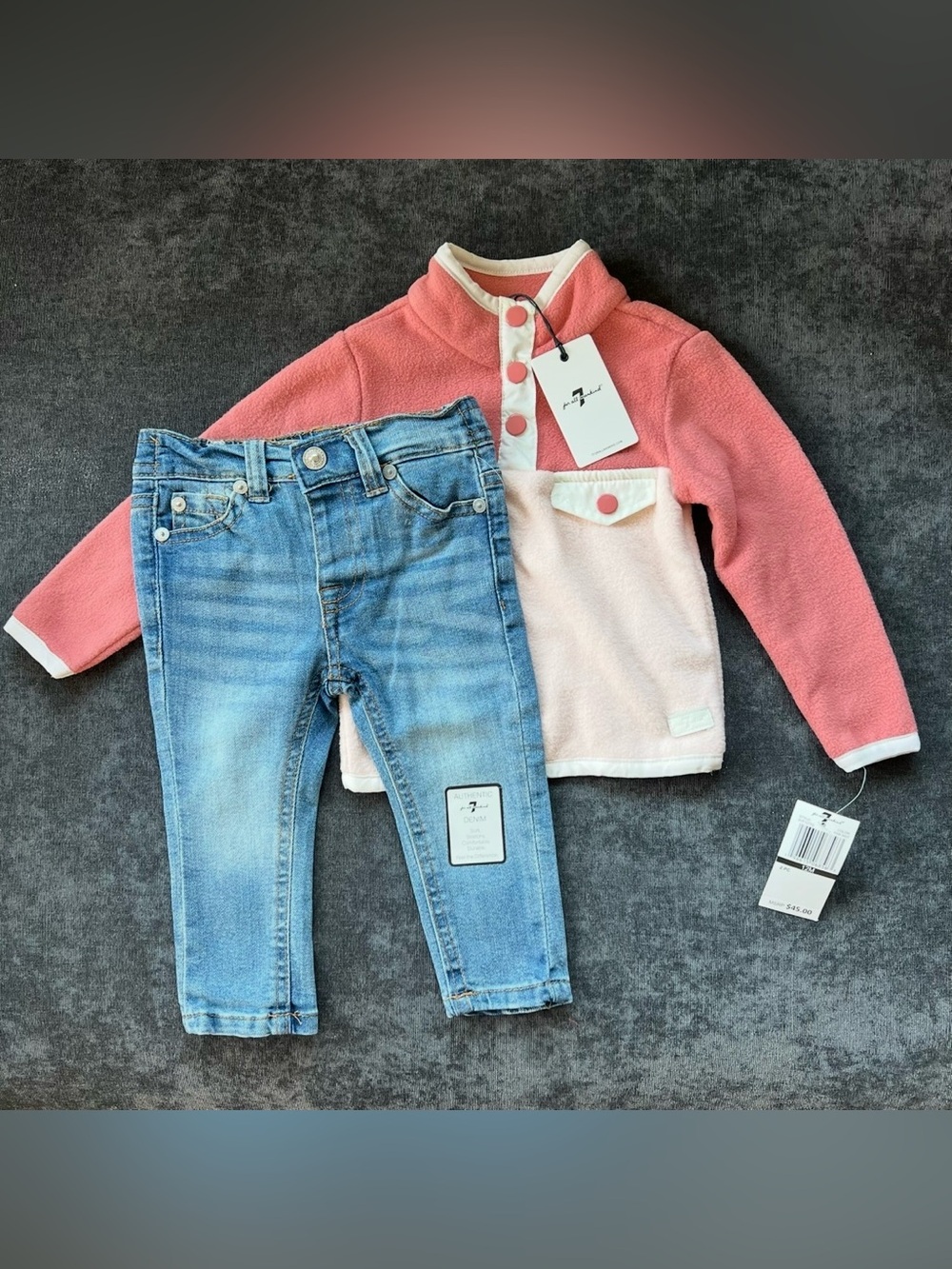 NWT 7 For All Mankind Girls Fleece Pullover and Jeans Set Size 12 Months